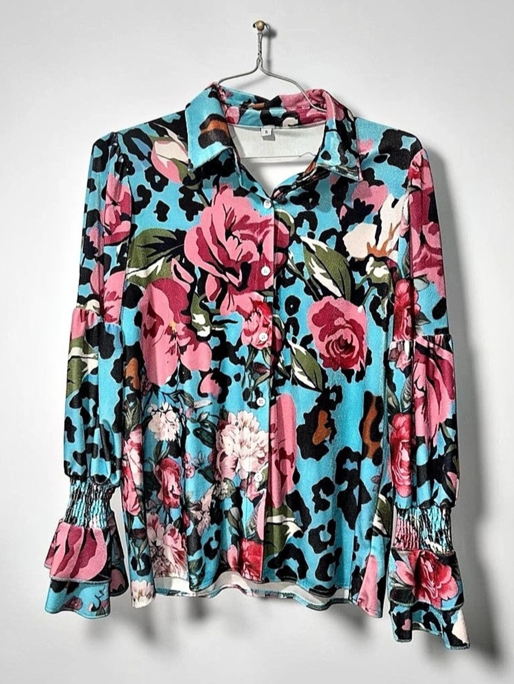 Floral Animal Print Ruffle Blouse in Blue & Pink Size Small